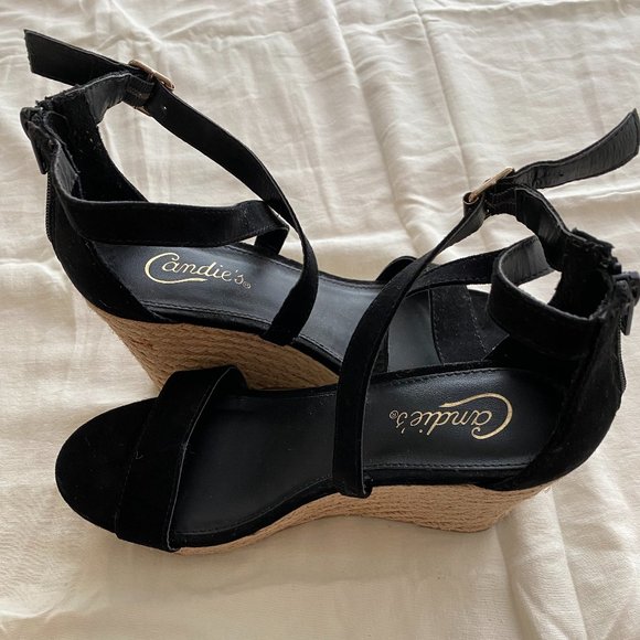 Candies Black Wedge Espadrille Heels Criss Cross with Gold Buckle - Picture 4 of 9